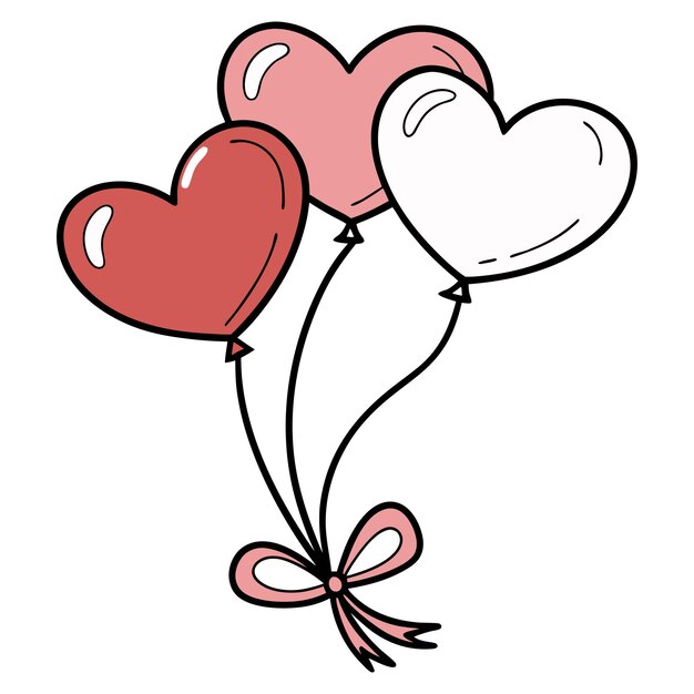 Tres globos en forma de corazón con un arco en estilo minimalista