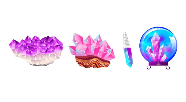 Tres grupos de cristales coloridos y una bola de cristal en soportes vibrantes rosas y púrpuras gemas de fantasía