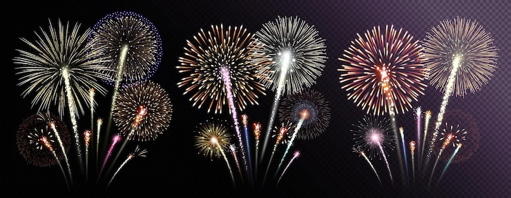 Vector tres grupos de fuegos artificiales realistas aislados en un fondo transparente. ilustración vectorial