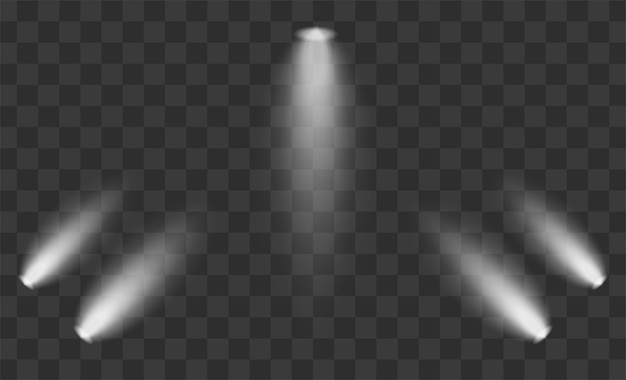 Tres haces de focos blancos suaves en un fondo transparente Luces cálidas brillantes perfectas para el teatro escénico o para destacar conceptos de diseño en presentaciones o medios visuales
