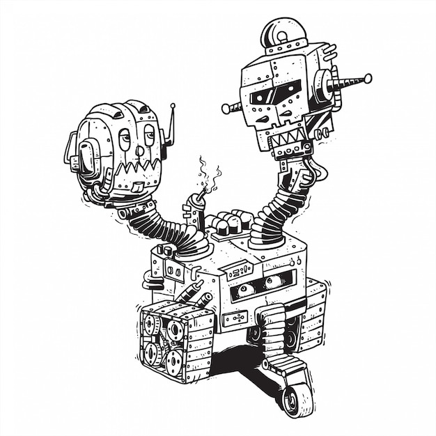 Vector tres hermanos cabeza robot línea arte mano dibujo