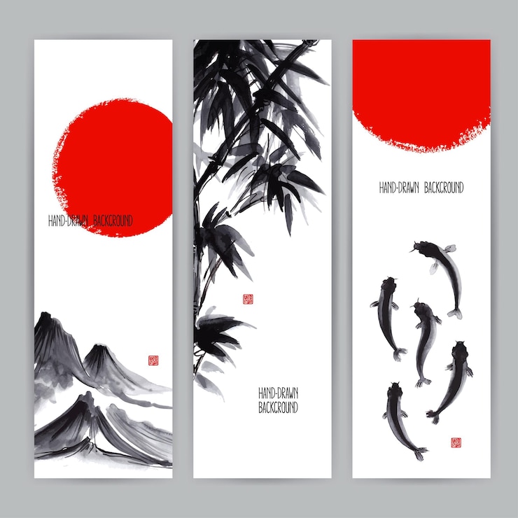 Vector tres hermosas pancartas con motivos naturales japoneses. sumi-e. ilustración dibujada a mano
