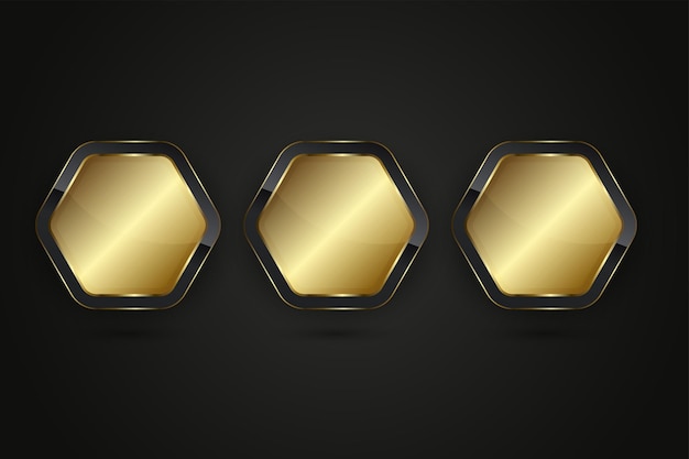 Tres hexágonos de formas premium botones vectoriales negros y dorados con gradiente dorado