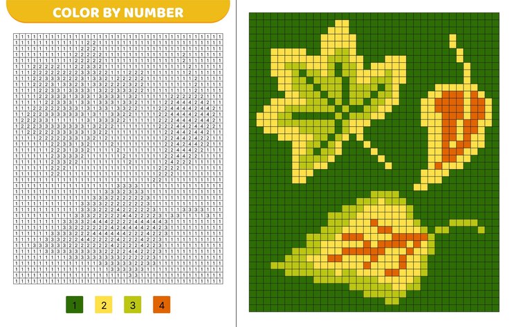 Vector tres hojas caídas de otoño color por número libro de colorear de píxeles cuadrados numerados juego para niños arte de píxeles ilustración vectorial aislada, pasos 10
