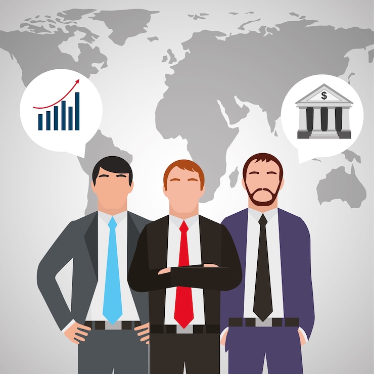 Vector tres hombre de negocios en traje de pie con el mapa mundial