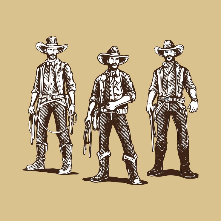Vector tres hombres con armas que dicen ilustraciones de vaqueros