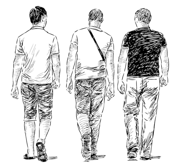 Tres hombres de la ciudad caminando al aire libre juntos dibujando con la mano un dibujo vectorial realista aislado en blanco