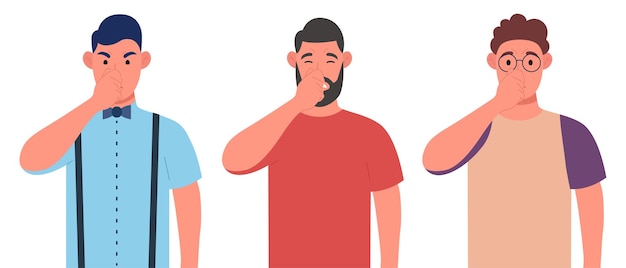 Tres hombres diferentes con los dedos en la nariz. Cubriendo el aliento con la mano para el mal olor. Conjunto de caracteres. Ilustración vectorial.