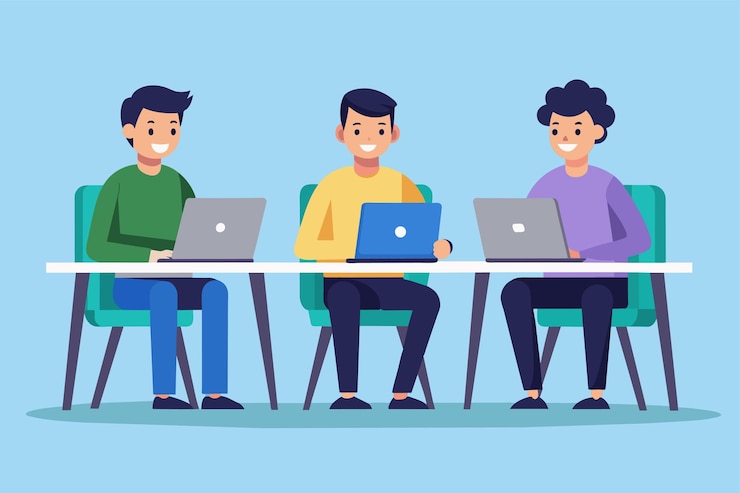 Vector tres hombres están sentados en una mesa cada uno trabajando en su computadora portátil tres hombres sentados en la mesa con computadoras portátiles ilustración vectorial plana simple y minimalista