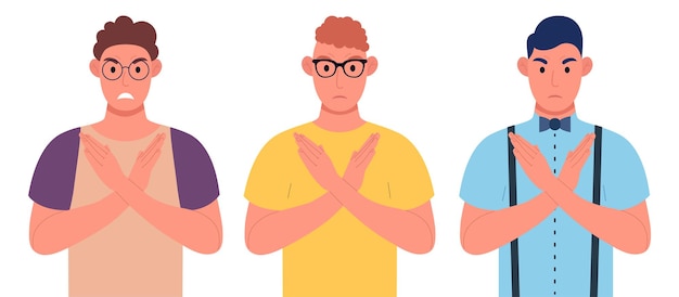 Tres hombres jóvenes haciendo forma de x, pare la señal con las manos y expresión negativa. cruzar los brazos. conjunto de caracteres. ilustración vectorial.
