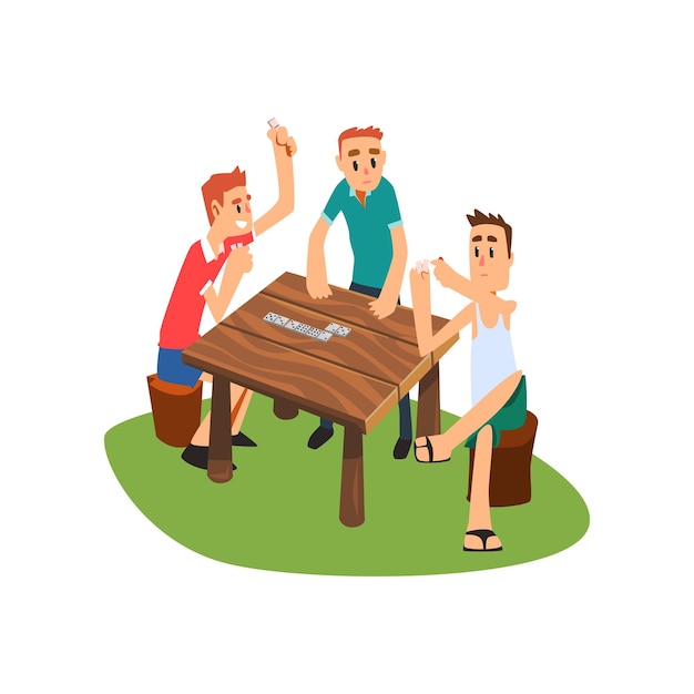 Tres hombres jugando al dominó al aire libre amigos teniendo un buen tiempo juntos ilustración vectorial en un blanco