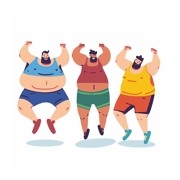 Tres hombres con sobrepeso celebrando alegremente saltando con las manos levantadas personajes masculinos de dibujos animados