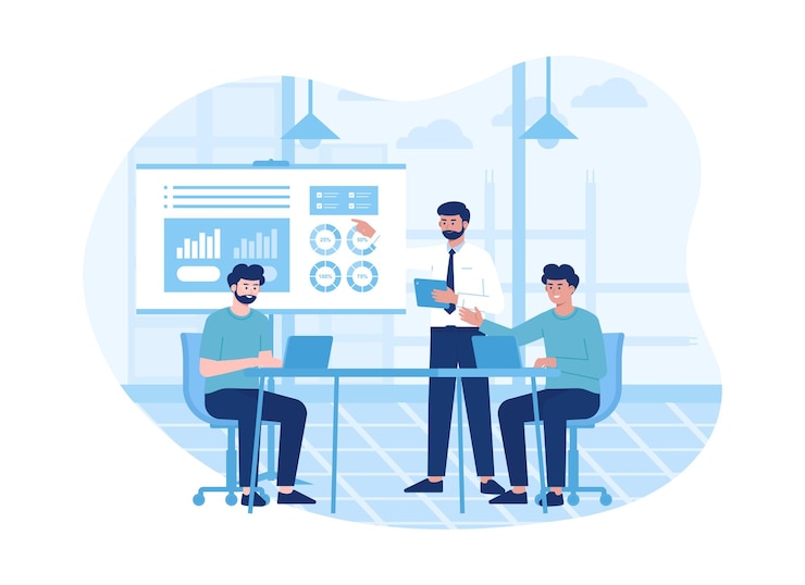 Vector tres hombres tienen una reunión de negocios en la oficina concepto ilustración plana