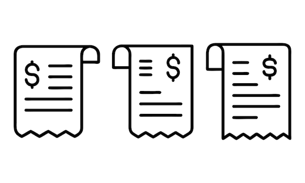 Tres íconos de recibo con el contorno de los signos de dólar