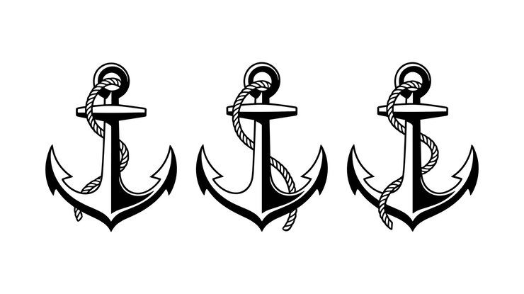Vector tres ilustraciones de ancla en blanco y negro con diseño náutico de cuerda