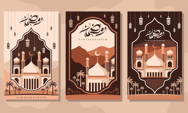 Tres ilustraciones estilizadas representan una mezquita en un paisaje desértico durante el Ramadán Kareem con caligrafía árabe y linternas colgantes