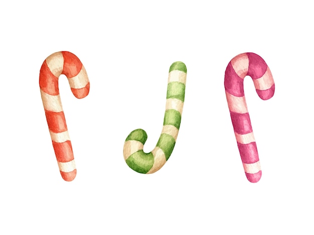 Tres ilustraciones vectoriales en acuarela de dulces navideños de colores brillantes