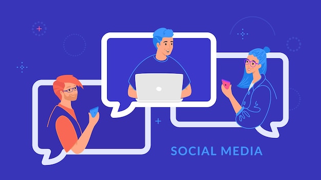 Tres jóvenes adolescentes charlando y enviando mensajes de texto juntos en las redes sociales usando una computadora portátil y un teléfono inteligente. Ilustración de vector de línea plana de personas en burbujas de discurso de chat y conferencia en línea en color azul