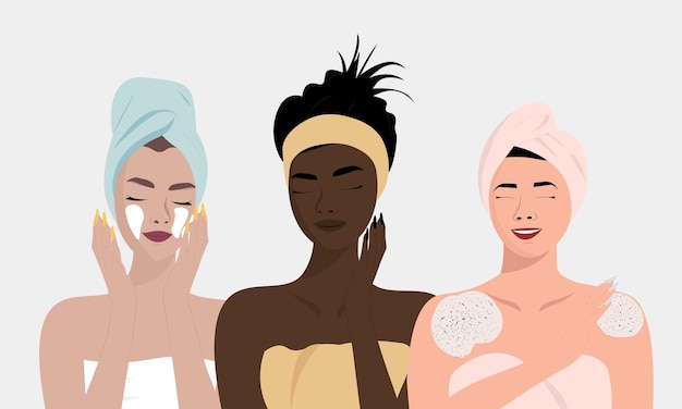 Tres jóvenes hermosas mujeres que tienen una rutina de belleza diaria Autocuidado autoaceptación ámate a ti mismo concepto de narcisismo Vector