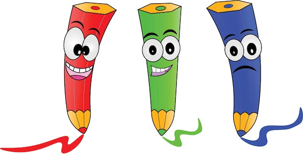 Tres lápices de colores de personajes de dibujos animados, rojo, verde y azul, ilustración vectorial | Vector Premium Tres lápices de colores de personajes de dibujos animados, rojo, verde y azul, ilustración vectorial | Vector Premium