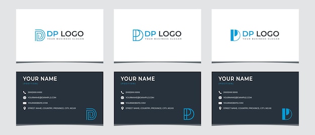Tres logos alternativos con las iniciales DP con diseños de tarjetas de presentación