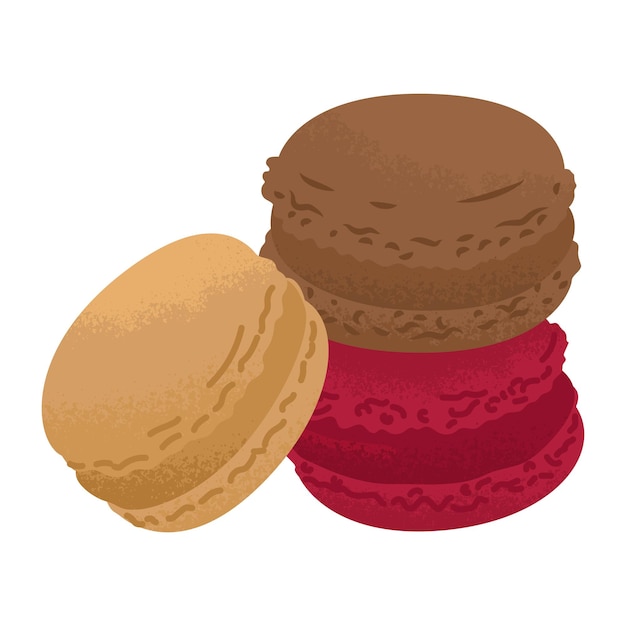 Vector tres macarrones de brownie de diferentes colores pasteles dulces para la mesa de vacaciones tienda de dulces ilustración vectorial aislada sobre un fondo transparente