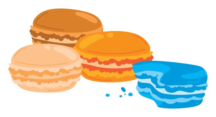 Vector tres macarrones coloridos a mitad de pie macarrones azules migas postre dulce macarrones franceses deliciosos