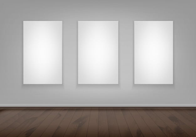 Tres maquetas blancas vacías en blanco marco de imagen de cartel en la pared