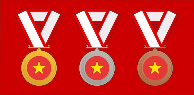 Tres medallas sobre fondo rojo, una de las cuales tiene una bandera china y la otra tiene una estrella dorada.