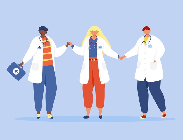 Tres médicos con abrigos médicos tomados de la mano en un fondo azul