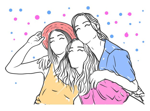 Vector tres mejores amigas se están riendo y disfrutando juntos de una ilustración vectorial dibujada a mano