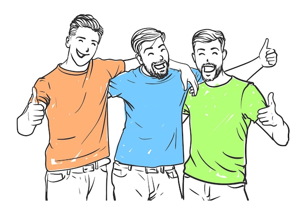 Tres mejores amigos se están riendo disfrutando juntos del dibujo vectorial a mano libre