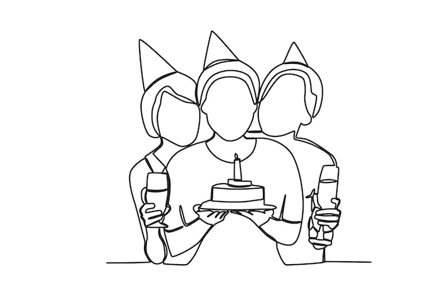 Tres mejores amigos toman fotos en cumpleaños Dibujo de una línea de fiesta de cumpleaños