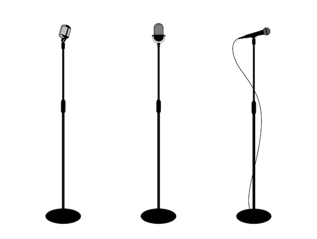 Tres micrófonos en el mostrador, fondo blanco, silueta, micrófono, música, icono, micrófono, diseño plano