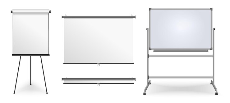 Tres modificaciones de tableros realistas para presentación en trípode con dos postes y colgados en la pantalla de proyección de pared ilustración vectorial aislada