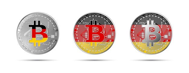 Tres monedas criptográficas de Bitcoin con bandera de Alemania Dinero del futuro Ilustración vectorial de criptomonedas modernas