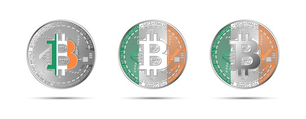 Tres monedas criptográficas de Bitcoin con la bandera de Irlanda Moneda del futuro Ilustración vectorial de criptomonedas modernas