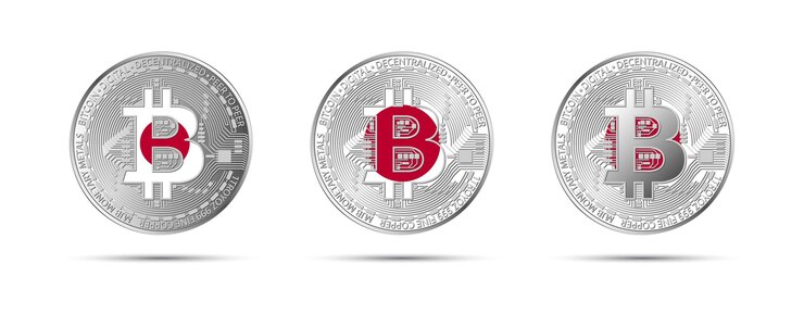 Vector tres monedas criptográficas de bitcoin con la bandera de japón moneda del futuro ilustración vectorial de criptomonedas modernas
