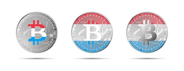 Vector tres monedas criptográficas de bitcoin con la bandera de luxemburgo dinero del futuro ilustración vectorial de criptomonedas modernas