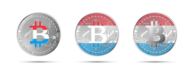 Vector tres monedas criptográficas de bitcoin con la bandera de luxemburgo dinero del futuro ilustración vectorial de criptomonedas modernas