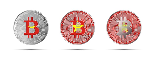 Vector tres monedas criptográficas de bitcoin con la bandera de vietnam dinero del futuro ilustración vectorial de criptomonedas modernas