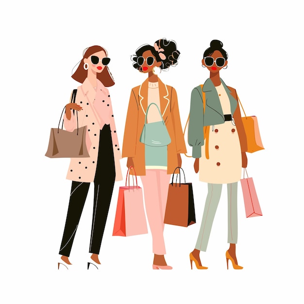 tres mujeres están de pie con bolsas de compras y una tiene una chaqueta que dice quot moda quot