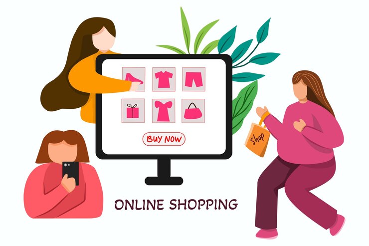 Vector tres mujeres jóvenes salieron comprando en línea con una lista de compras mostrada en una pantalla de computadora