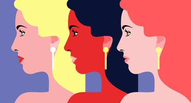 Tres mujeres. Retratos femeninos abstractos, vista lateral. ilustración vectorial