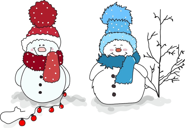 Tres muñecos de nieve con sombreros y una bufanda azul para la ilustración vectorial de Navidad
