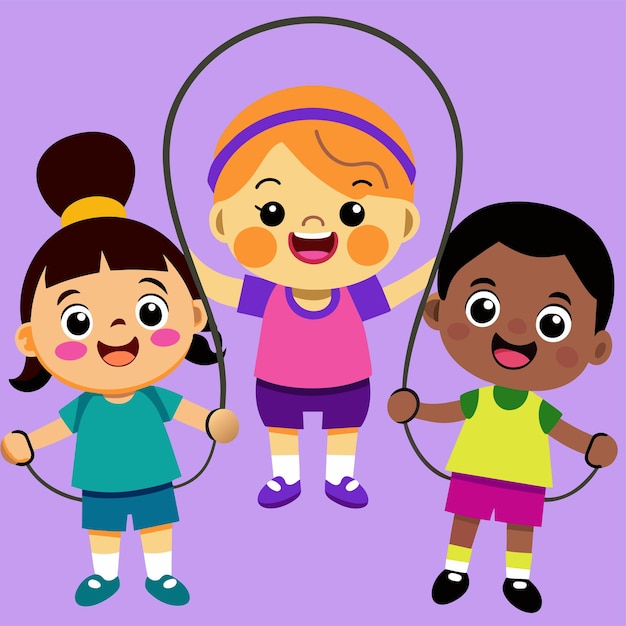 Vector tres niños con camisas de diferentes colores y uno tiene un fondo púrpura