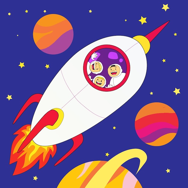 tres niños muy felices montando un cohete y explorando la ilustración vectorial del espacio