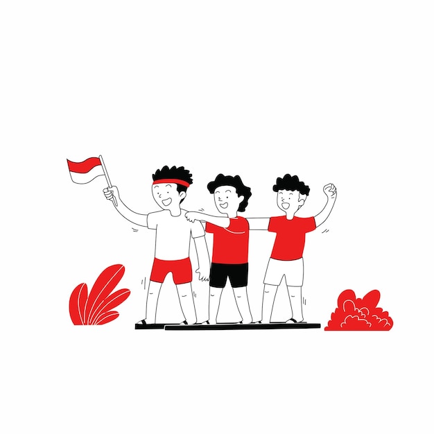 Vector tres niños participando en un concurso tradicional para celebrar el día de la independencia de indonesia