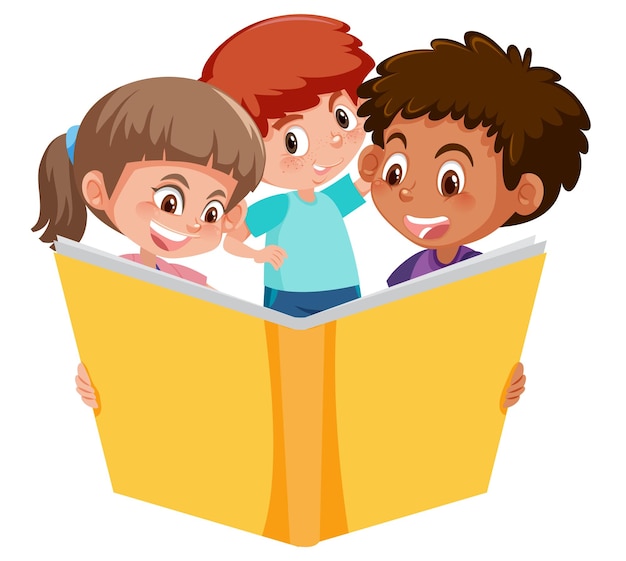 Vector tres niños pequeños leyendo un libro sobre fondo blanco.