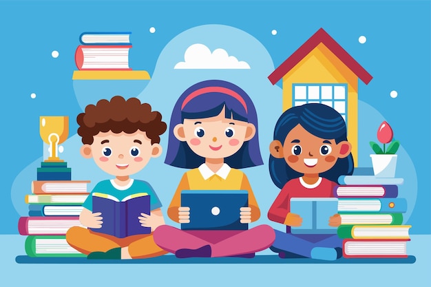 Vector tres niños sentados en el suelo con libros y una computadora portátil estudiando desde casa niños estudiando desde la casa personalizable ilustración desproporcionada